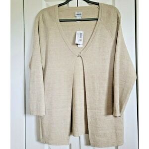 Chicos 2 Sweater Cardigan One Button Knit Gold Shimmery Long Line 2‎ Large NWT
